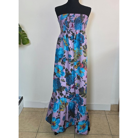 Dresses & Skirts - Floral Strapless Maxi Dress Size 2 Purple Blue Cotton vacation resortwear summer